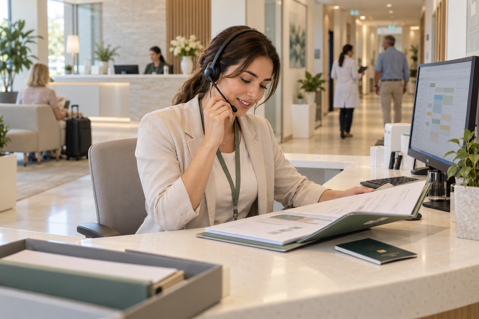 Scena illustrativa di un coordinatore per pazienti internazionali che organizza appuntamenti e supporto al viaggio in un ufficio sanitario.