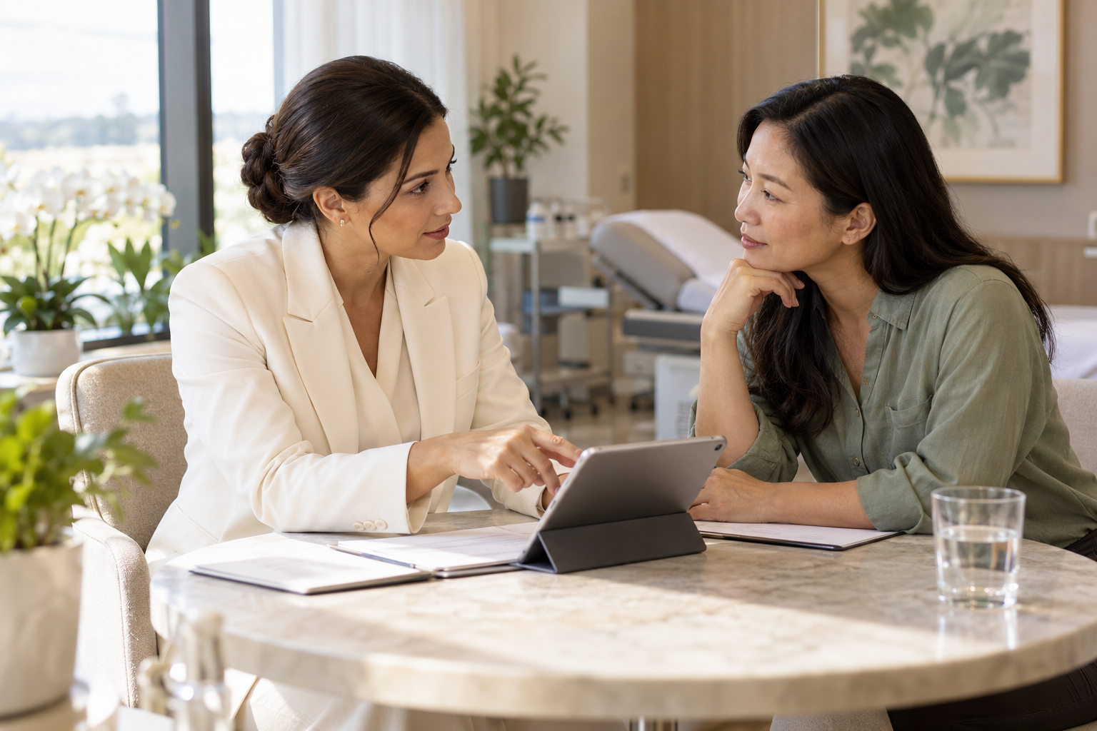 A healthcare coordinator discussing a care plan on a tablet with a patient in a private clinic.